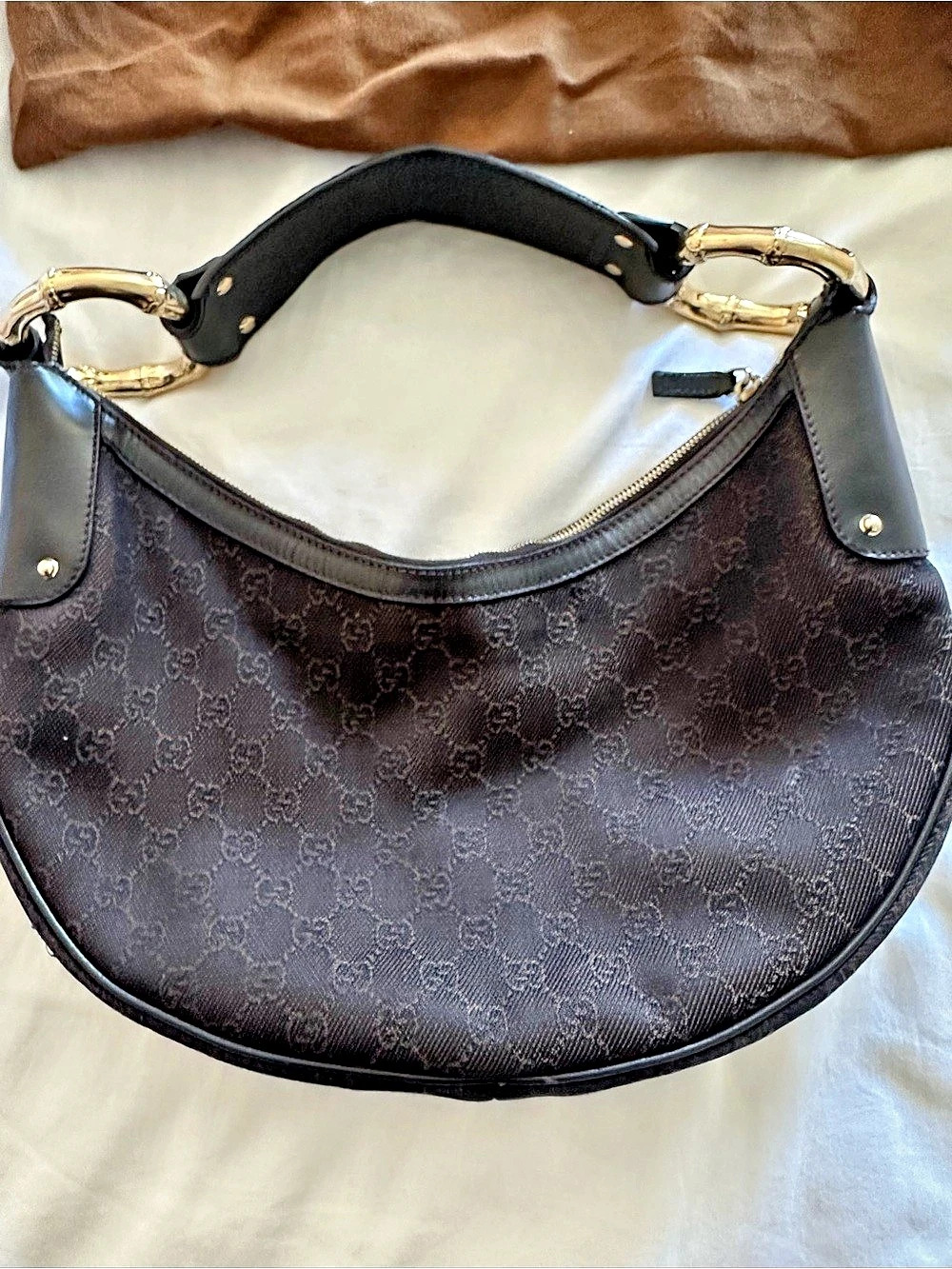 Gucci GG Monogram Canvas Bamboo Hobo Bag Black & Brown